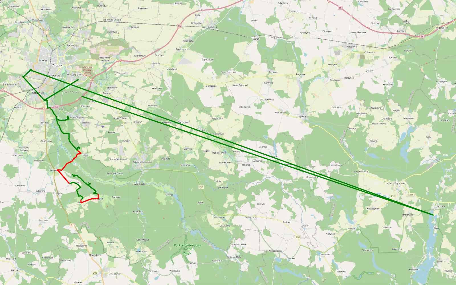 Mapa trasy Kwakowo - Plaszewko - 26 km trasy offroad, Powiat Słupski