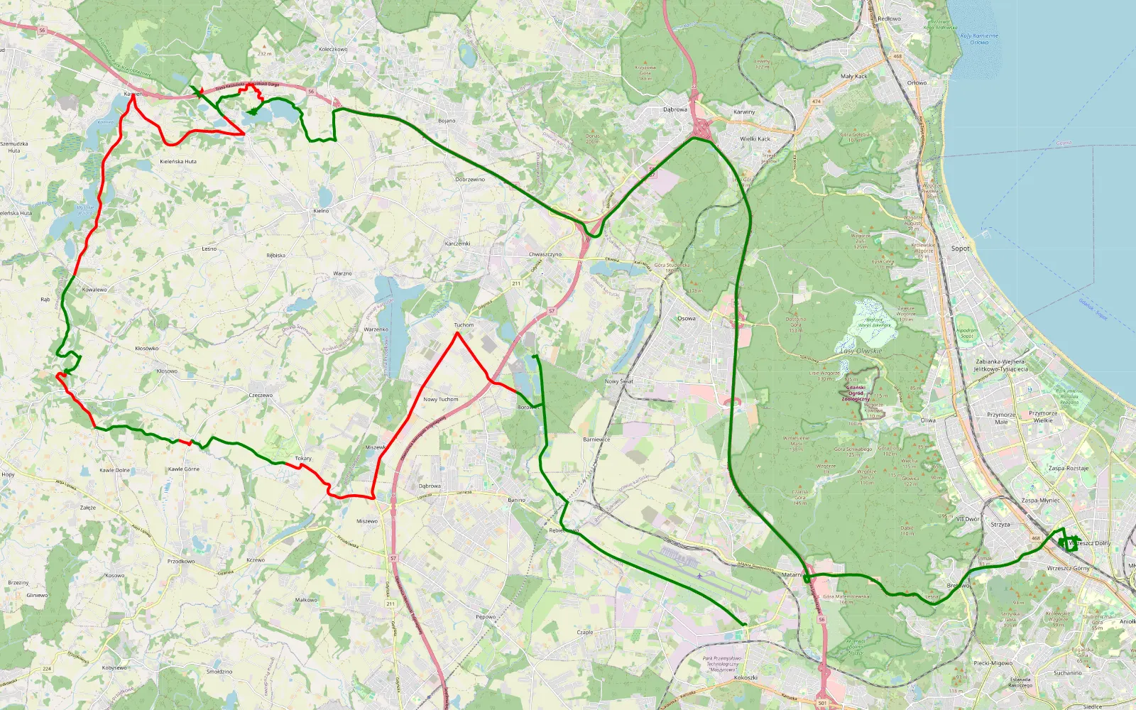 Mapa trasy Kokoszki - Wrzeszcz Dolny - 42.2 km trasy offroad, Powiat Kartuski