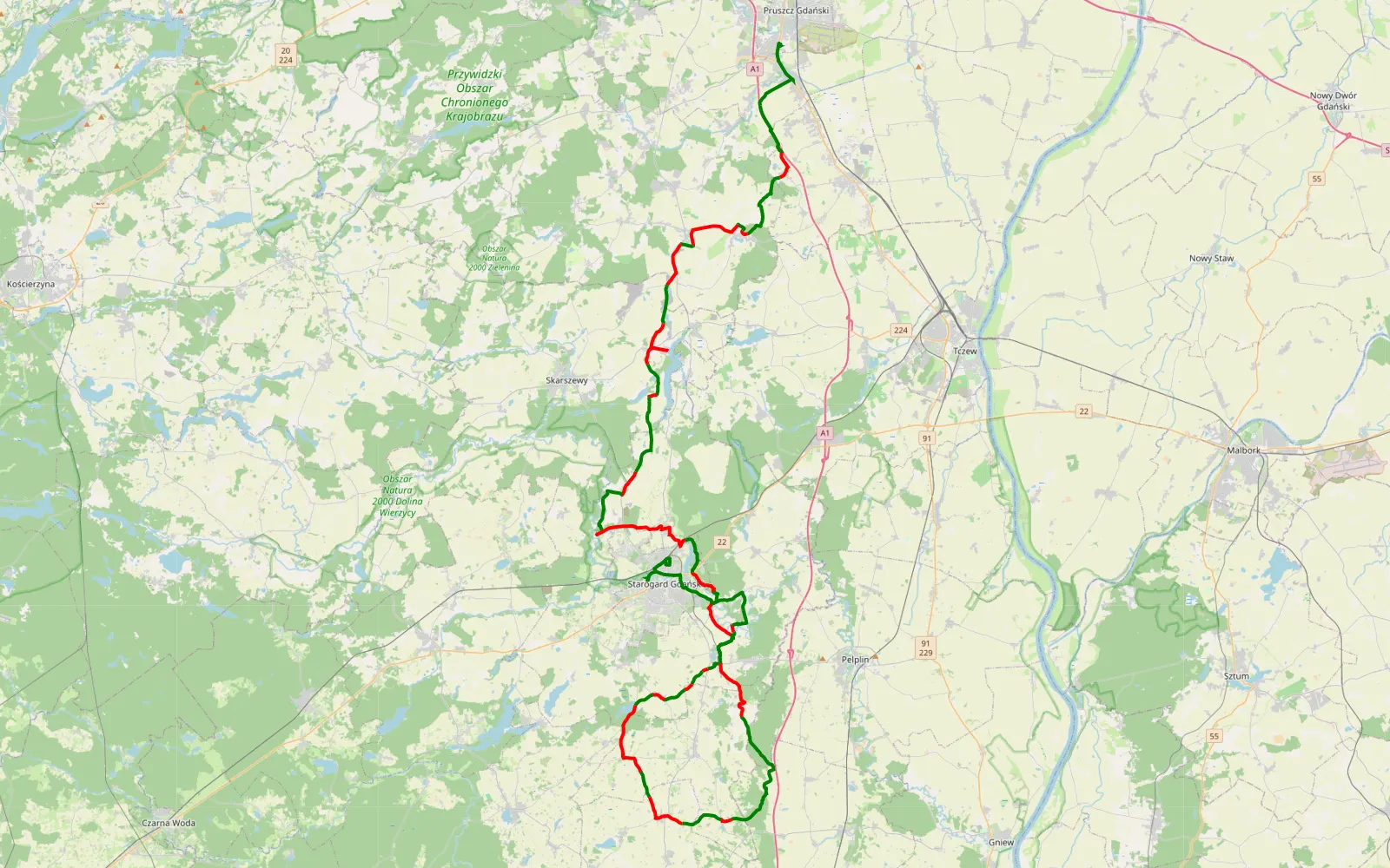 Mapa trasy Rusocin - Kocborowo - 90.4 km trasy offroad, Powiat Starogardzki
