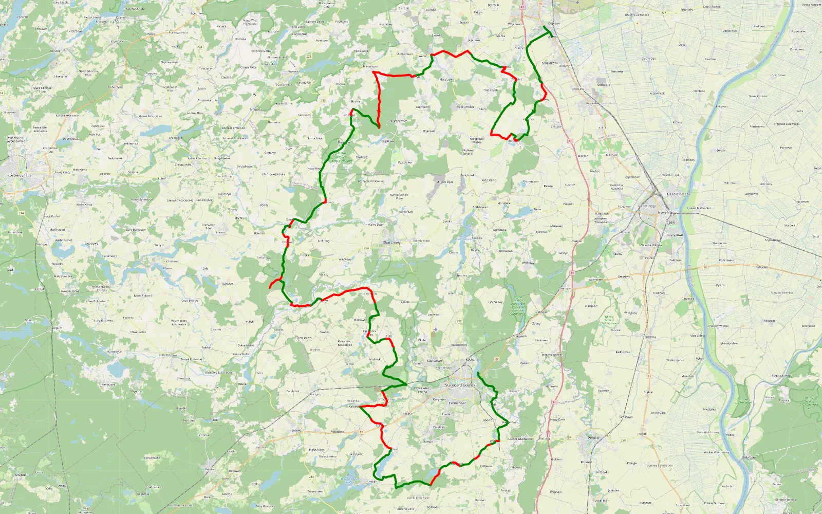 Mapa trasy Rusocin - Starogard Gdański - 113.6 km trasy offroad, Powiat Starogardzki