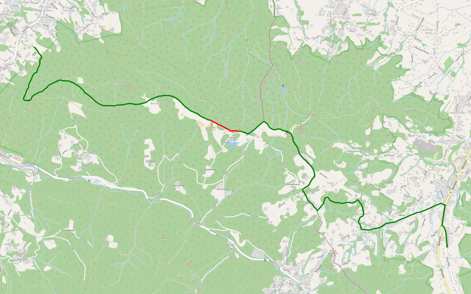 Mapa trasy Targanice - Porębski Groń - Przełęcz Bukowska - Palenica - Bukowiec - 7.4 km trasy offroad, Powiat Bielski