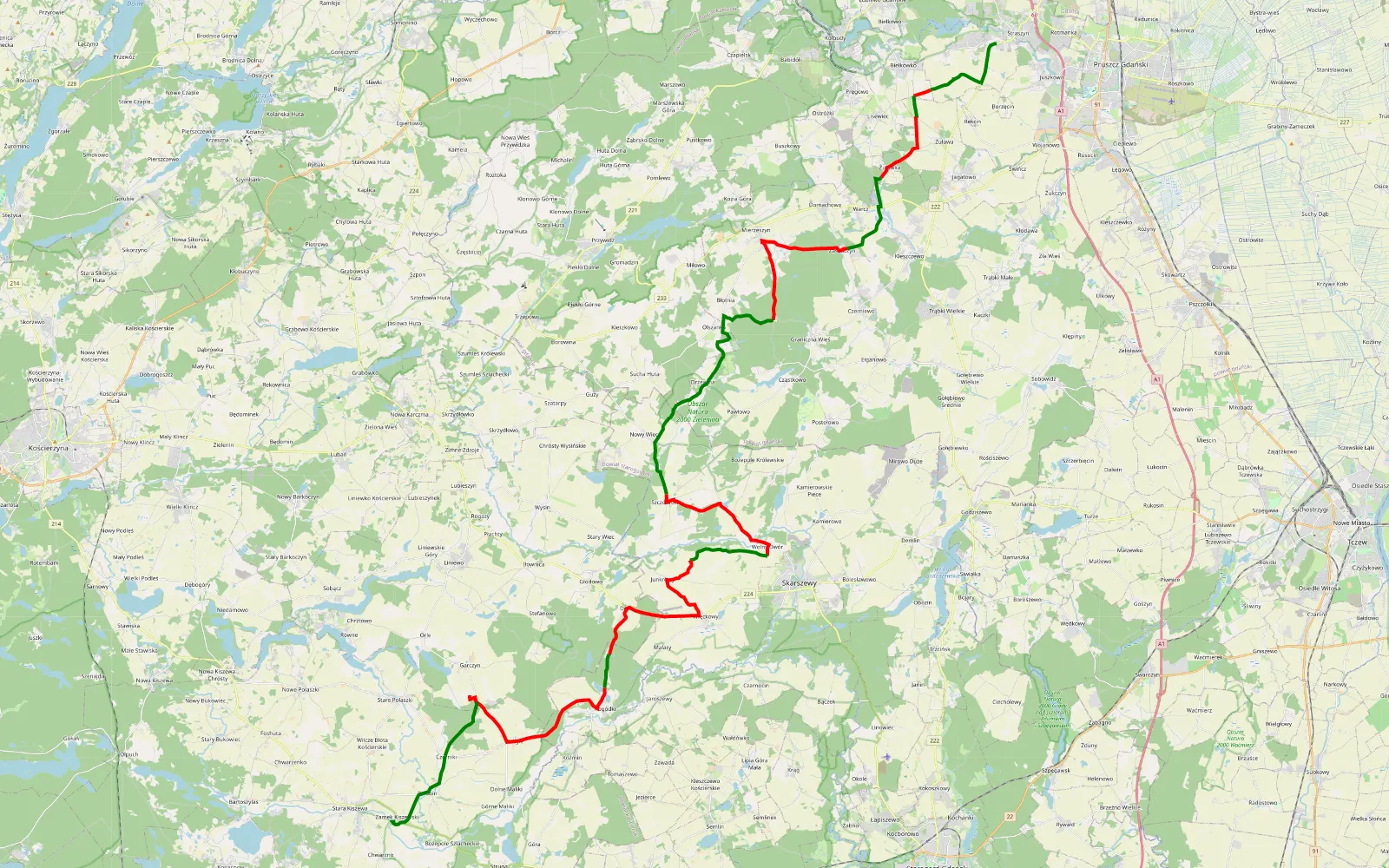Map of Pruszcz Gd. - Stara Kiszewa - 60.7 km offroad trail, Gdańsk County