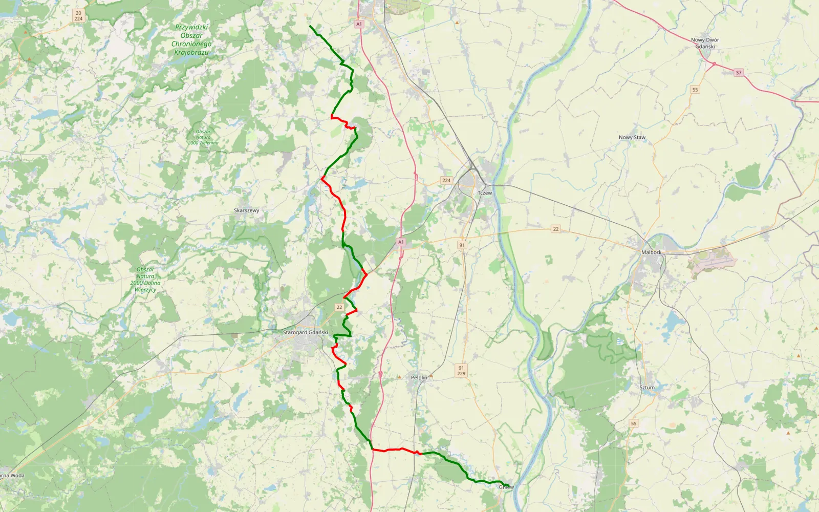 Mapa trasy Gniew - Owidz - Pruszcz Gd. - 60.7 km trasy offroad, Powiat Starogardzki