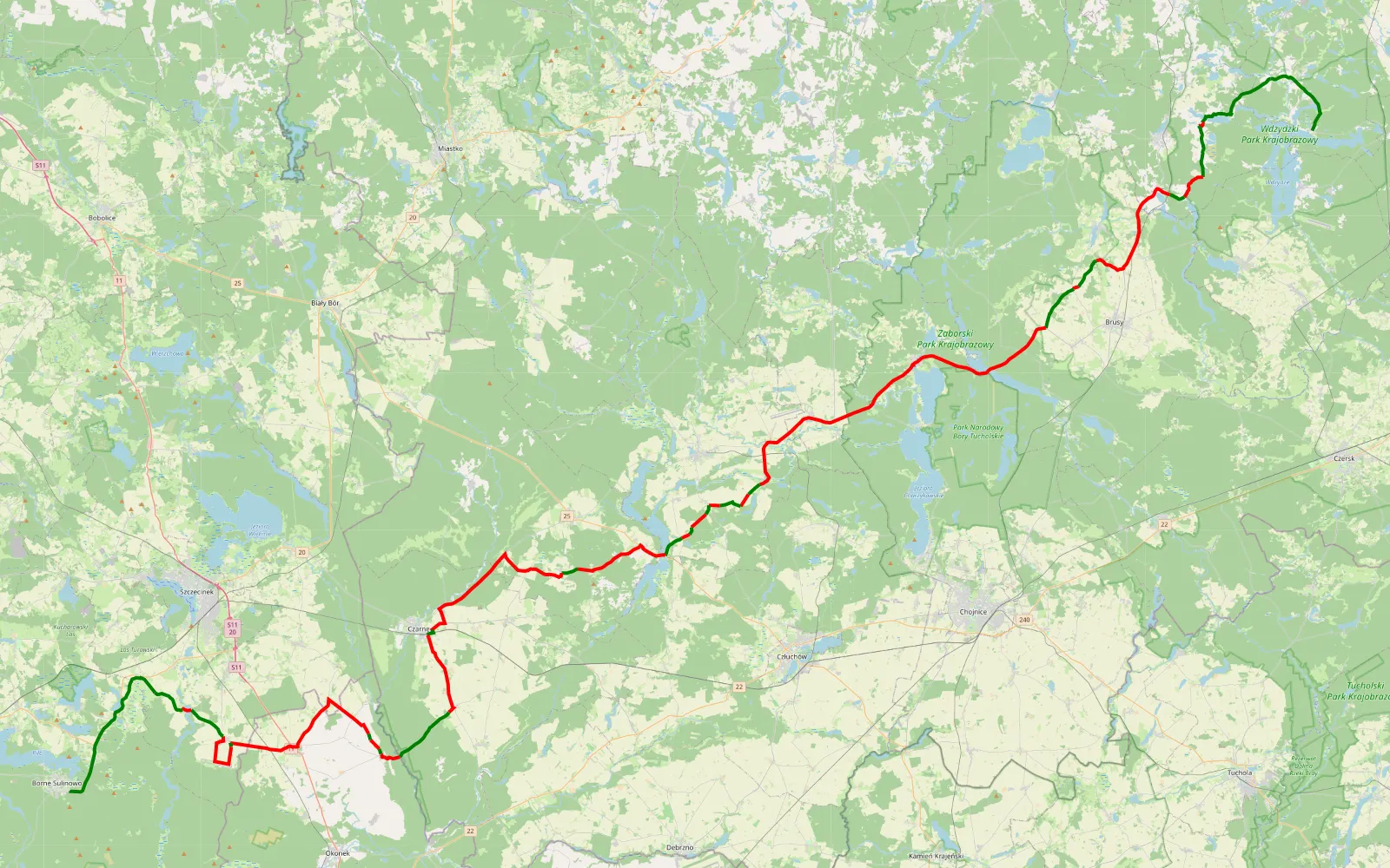 Mapa trasy Trasa nr 13 Tranzyt Żukowo Borne Sylinowo - 132.1 km trasy offroad, Powiat Człuchowski
