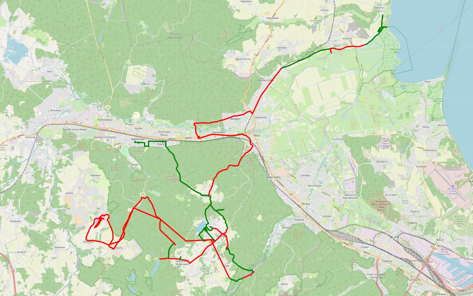 Map of Osłonino - Wejherowo - 70.6 km offroad trail, Wejherowo County