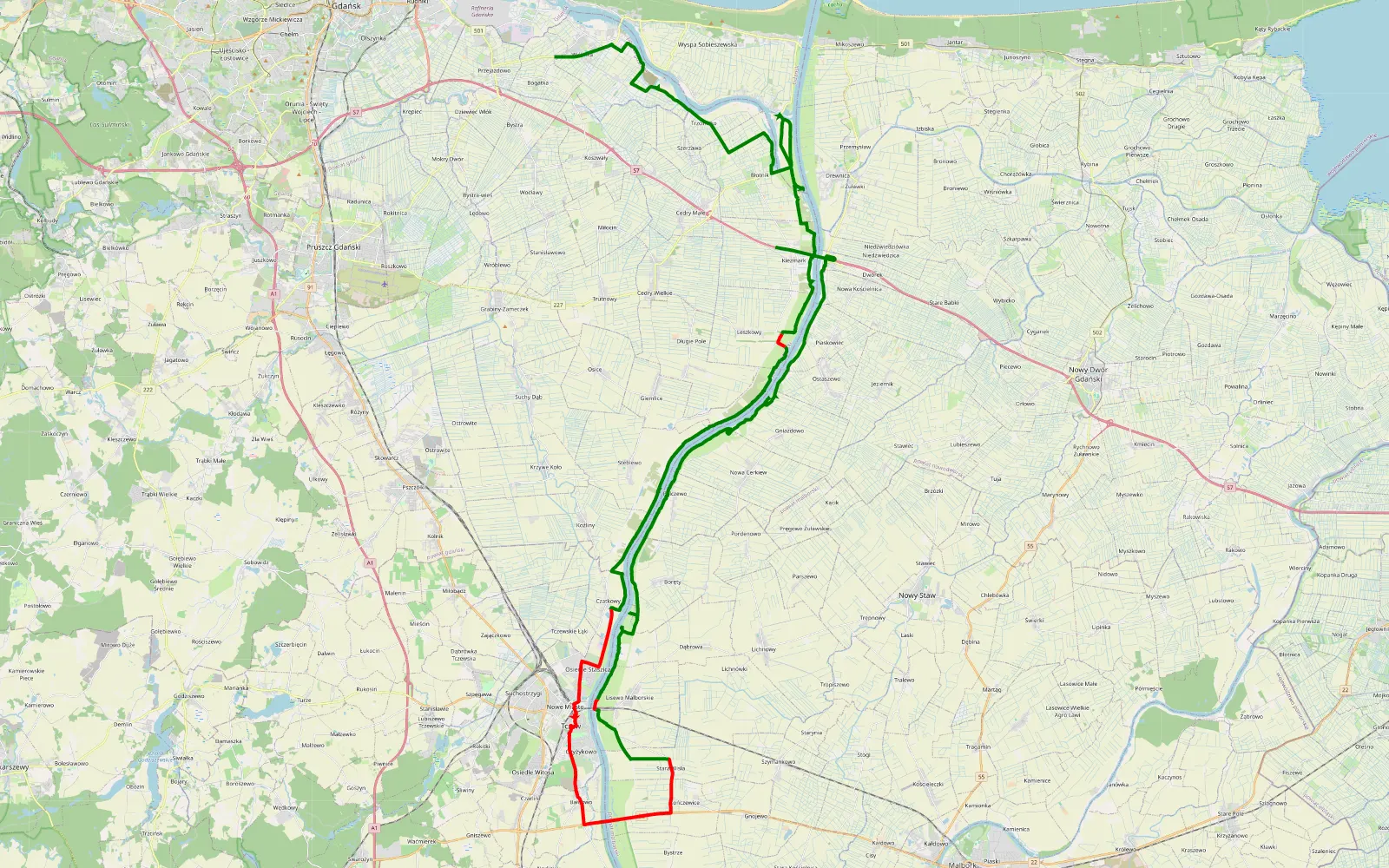 Mapa trasy Wokół Wisły - 71 km trasy offroad, Powiat Gdański