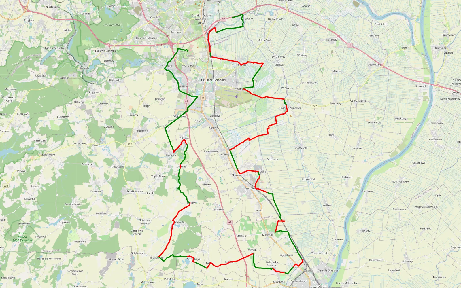 Mapa trasy Pomorscy Szwendacze dla Szlachetnej Paczki 2023 r. - 76.4 km trasy offroad, Powiat Gdański