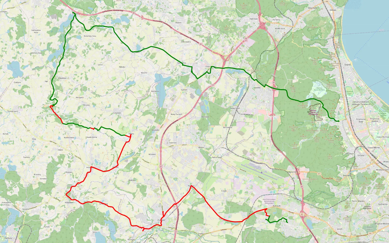 Mapa trasy Kiełpino Górne - Oliwa - 39.9 km trasy offroad, Powiat Kartuski