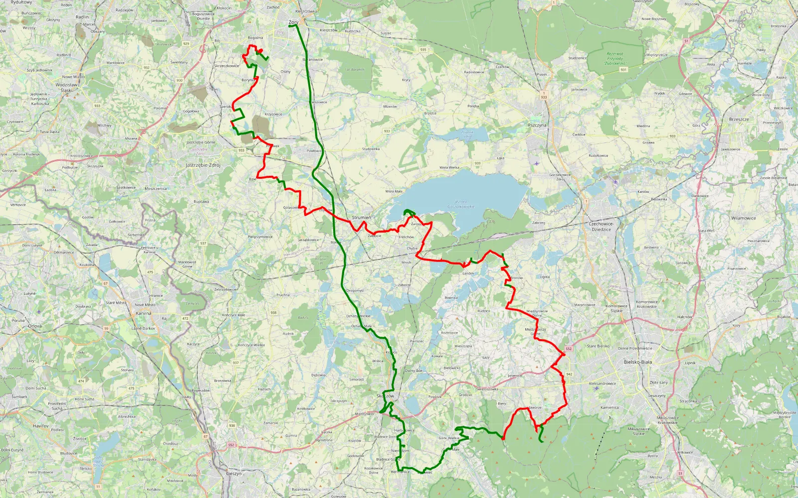 Map of Żory - Bajerowka - 84.9 km offroad trail, Bielsko County