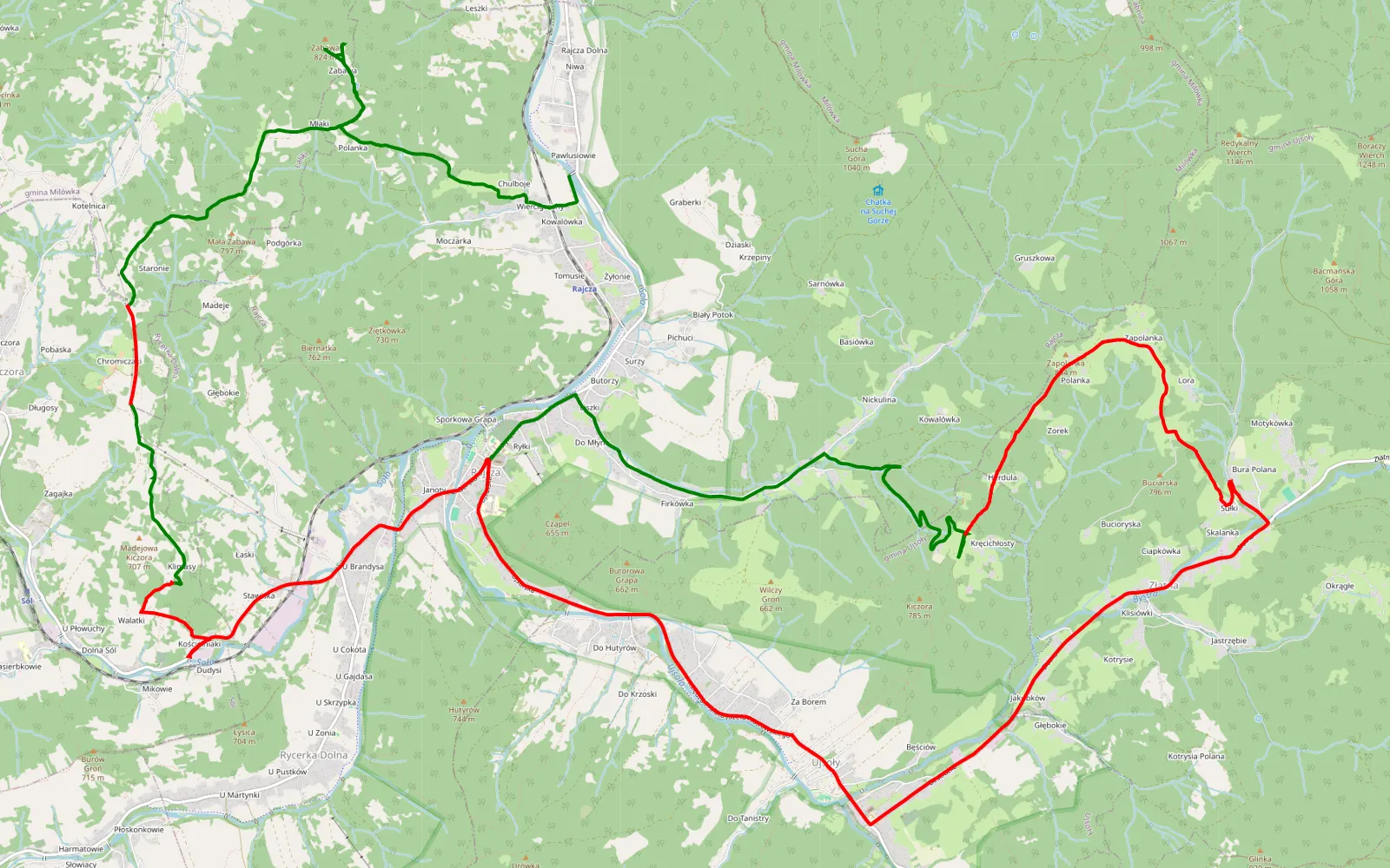 Mapa trasy Rajcza - Tomniszów - 29.6 km trasy offroad, Powiat Żywiecki