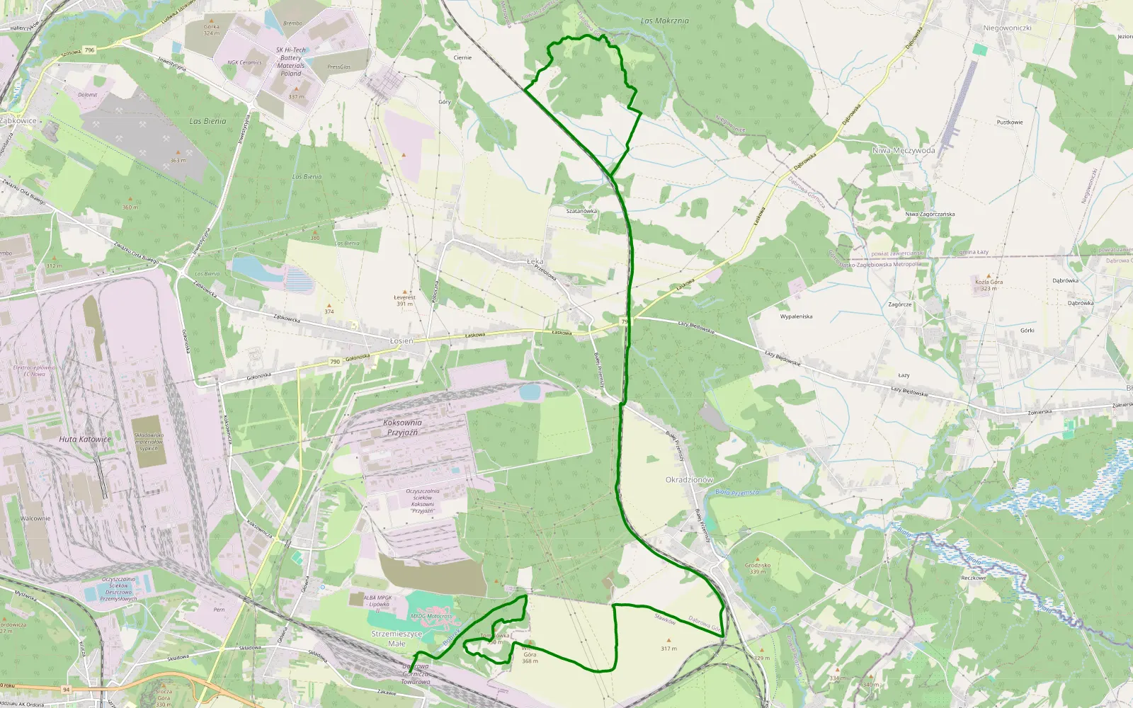 Mapa trasy Strzemieszyce Małe - Łęka - 18 km trasy offroad, Dąbrowa Górnicza