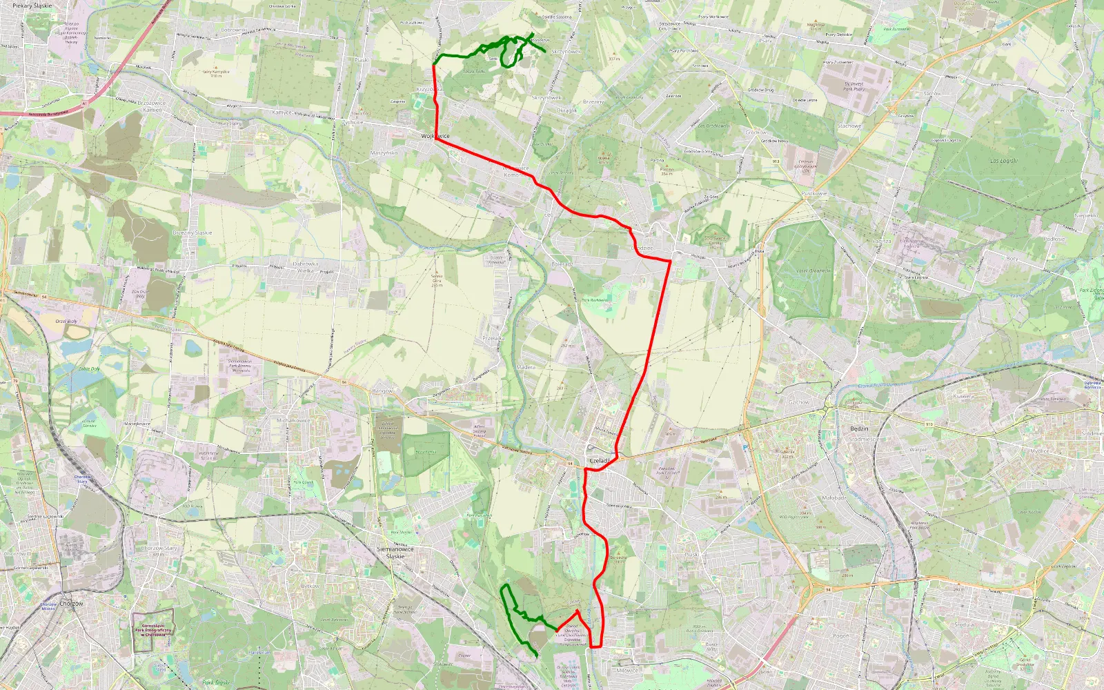 Mapa trasy Skrzynówek - 23.3 km trasy offroad, Powiat Będziński