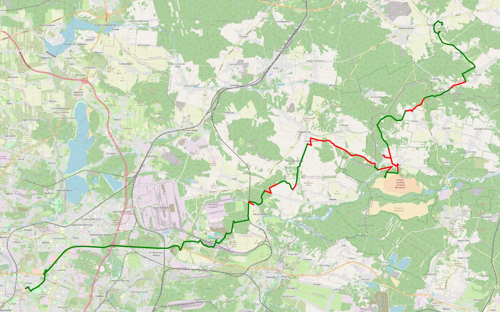 Mapa trasy Pogoń Pustynia Błedowska Podzamcze - 37.8 km trasy offroad, Powiat Olkuski