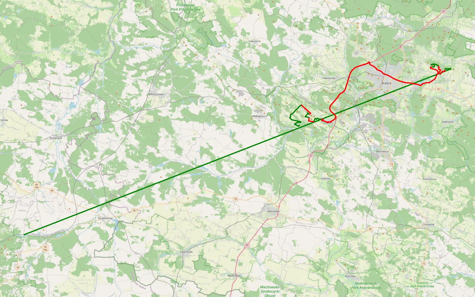Mapa trasy Kielecczyzna -Jura Krakowsko-Czestochowska 2 - 61.8 km trasy offroad, Powiat Kielecki