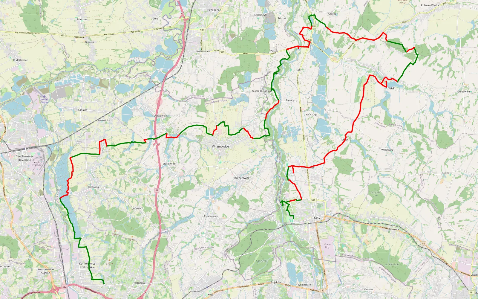 Mapa trasy Zabawa - Kęty - 56 km trasy offroad, Powiat Oświęcimski