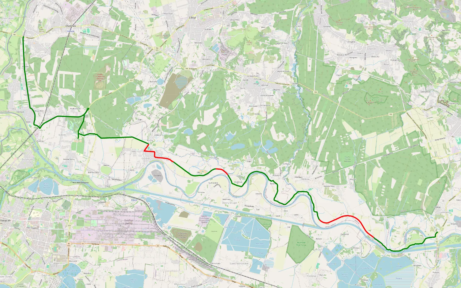 Mapa trasy Chełmek -Zator zakolami Wisły - 16.1 km trasy offroad, Powiat Chrzanowski