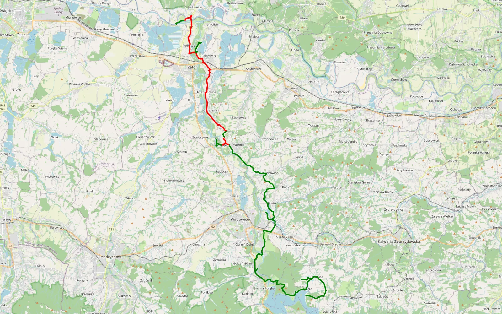 Mapa trasy Mucharz - Grzebiace - 21.8 km trasy offroad, Powiat Oświęcimski