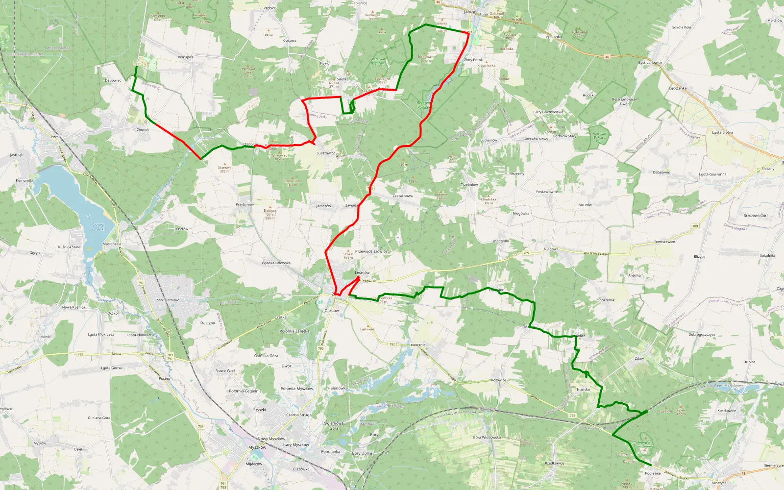 Mapa trasy Zielona - Podlesice JA 2 09.2023 - 41.6 km trasy offroad, Powiat Myszkowski