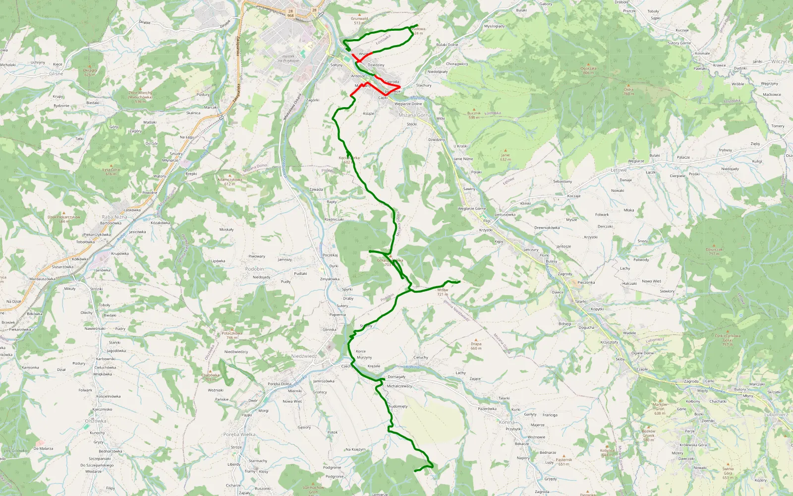 Mapa trasy Mszana Dolna - Konina - 15 km trasy offroad, Powiat Limanowski