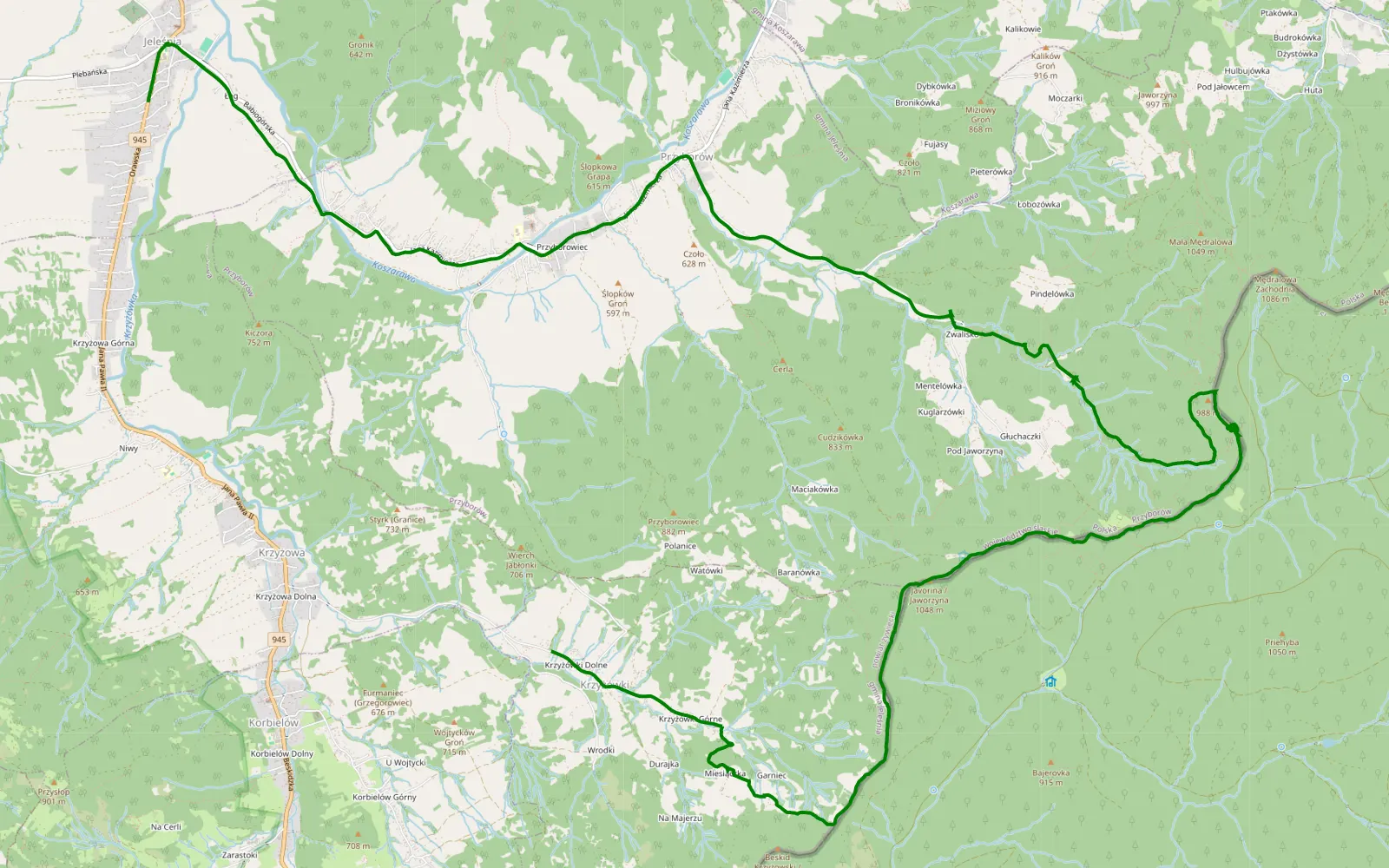 Mapa trasy Krzyżówki - Jeleśnia - 11.6 km trasy offroad, Powiat Żywiecki