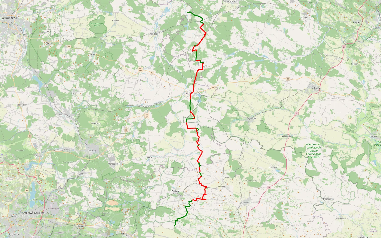 Mapa trasy Rudniki - Jangrot - 80.5 km trasy offroad, Powiat Zawierciański