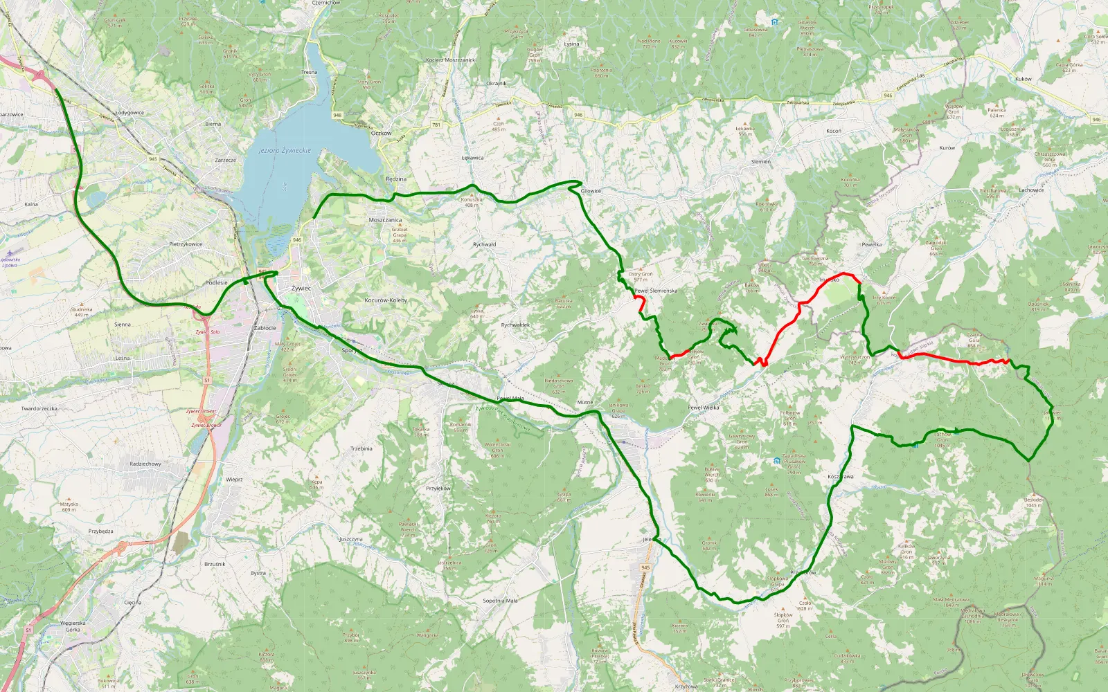 Map of Żywiec Stary - Glowaczowa - 29.9 km offroad trail, Żywiec County