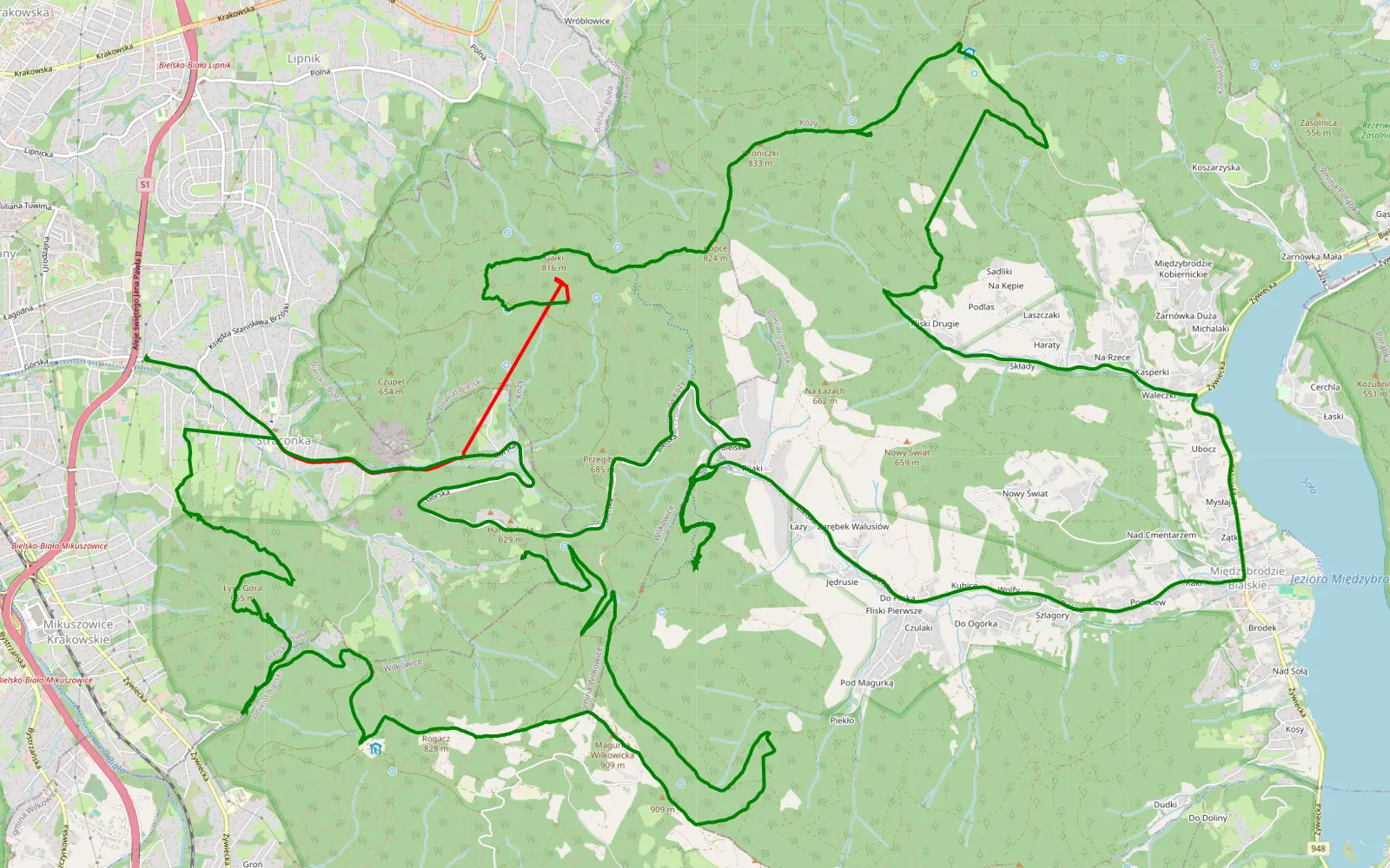 Map of Magurka Wilkowicka, Przełęcz U Panienki and Hrobacza Łąka from Straconka - 26.3 km offroad trail, Bielsko County