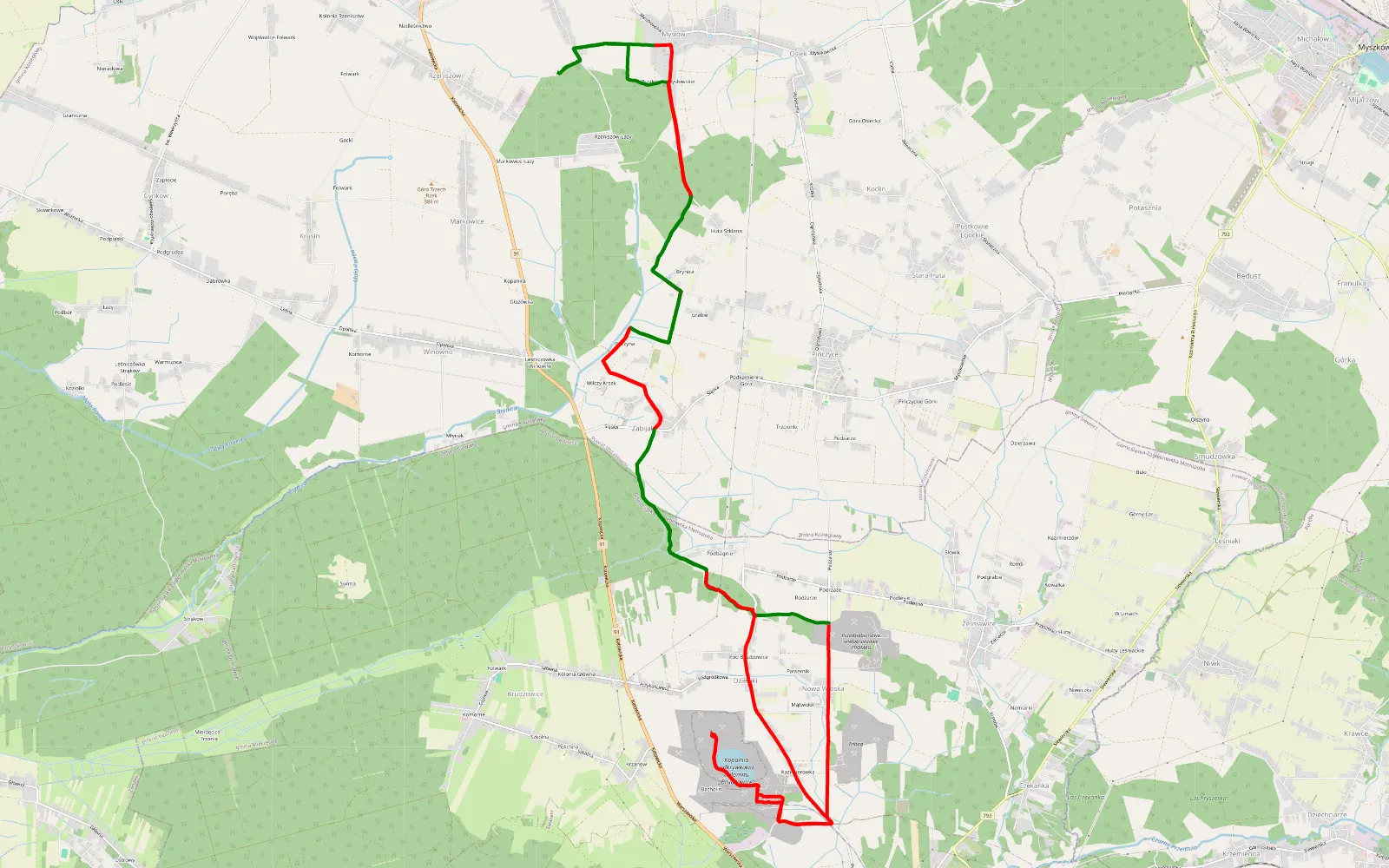 Mapa trasy Myszków zlot militarny - 32 km trasy offroad, Powiat Myszkowski