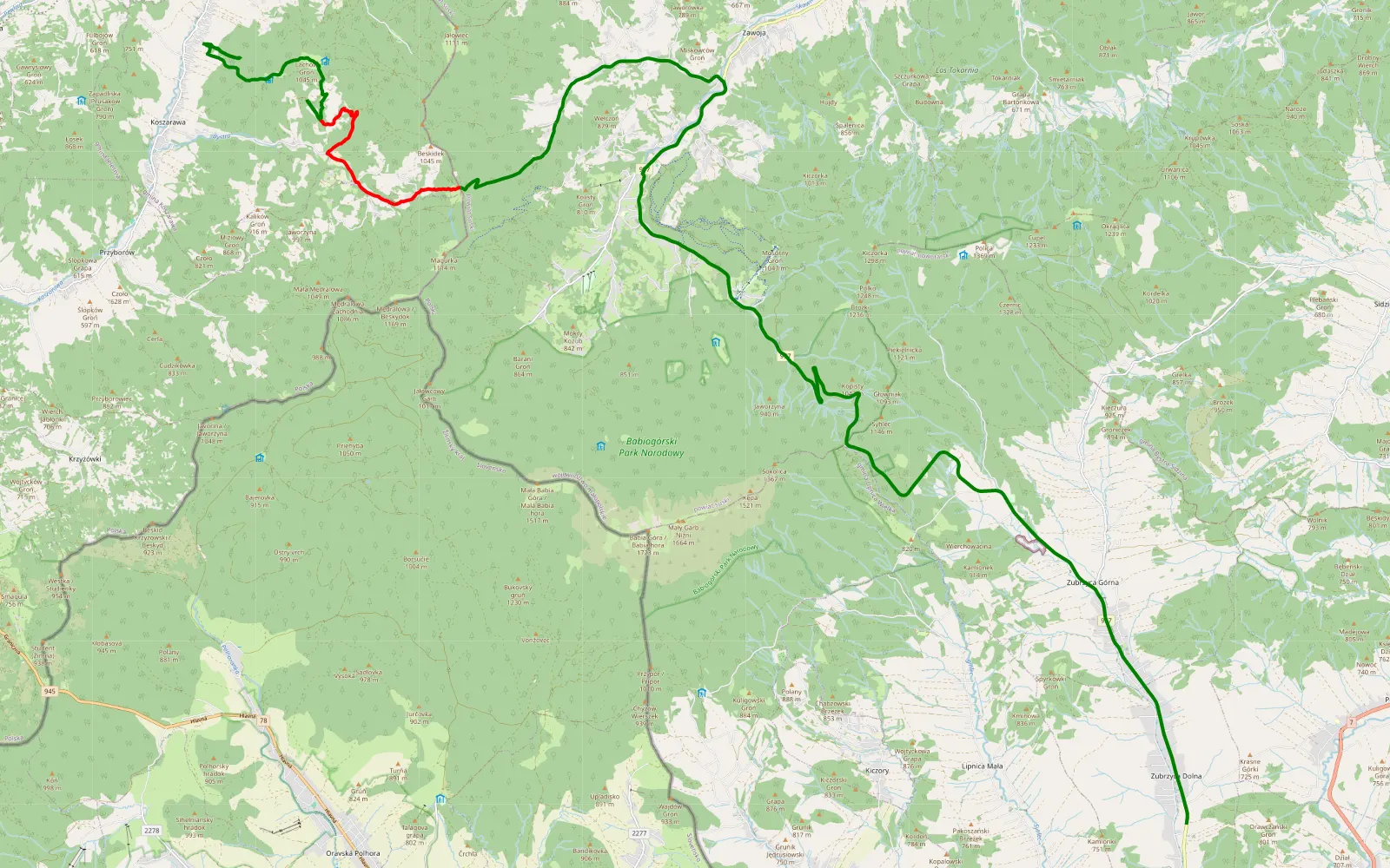 Map of Koszarawa - Lachów Groń - Przełecz Krowiarki - Zubrzyca Dolna - 14.9 km offroad trail, Żywiec County