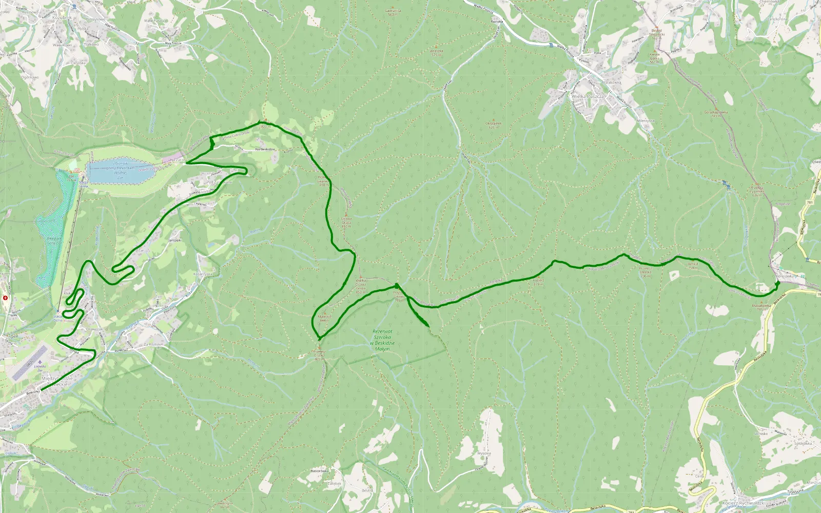 Map of Międzybrodzie Żywieckie - Kiczera - Przełęcz Isepnicka - Przełęcz Przysłop - Gładkie - 9.8 km offroad trail, Żywiec County