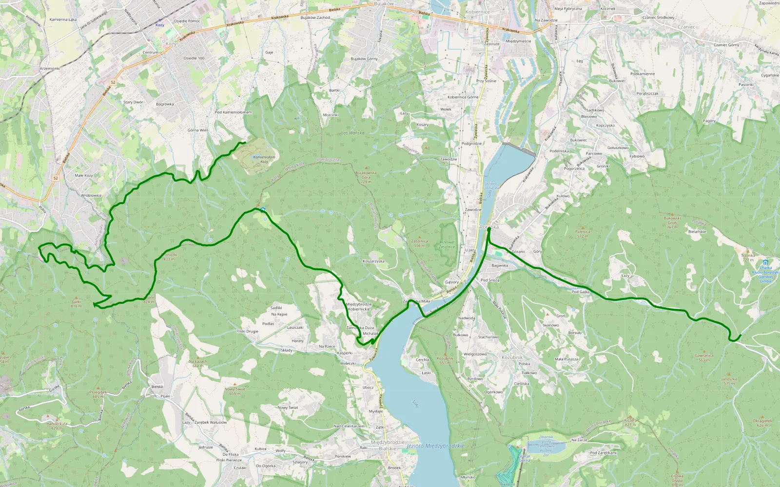 Map of Kozy Górne - Groniczki - Przełęcz U Panienki - Hrobacza Łąka - Wielka Puszcza - 13.3 km offroad trail, Bielsko County