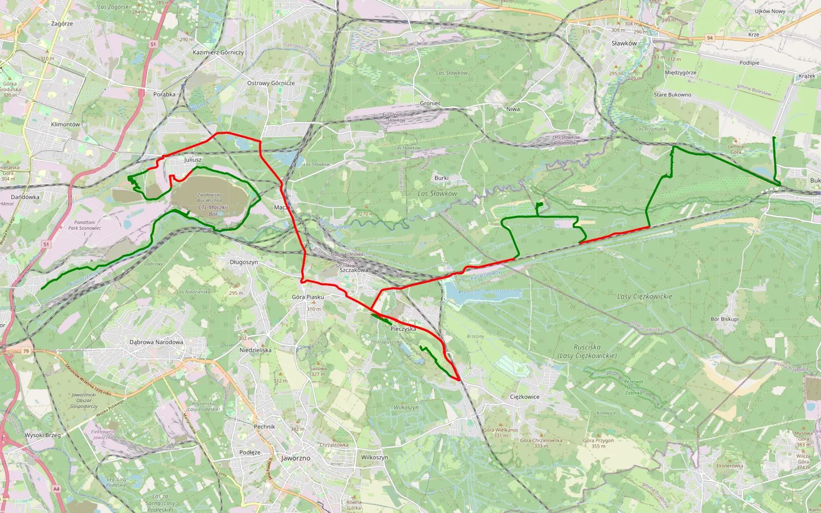 Mapa trasy Niwka - Wodąca - 51.9 km trasy offroad, Jaworzno