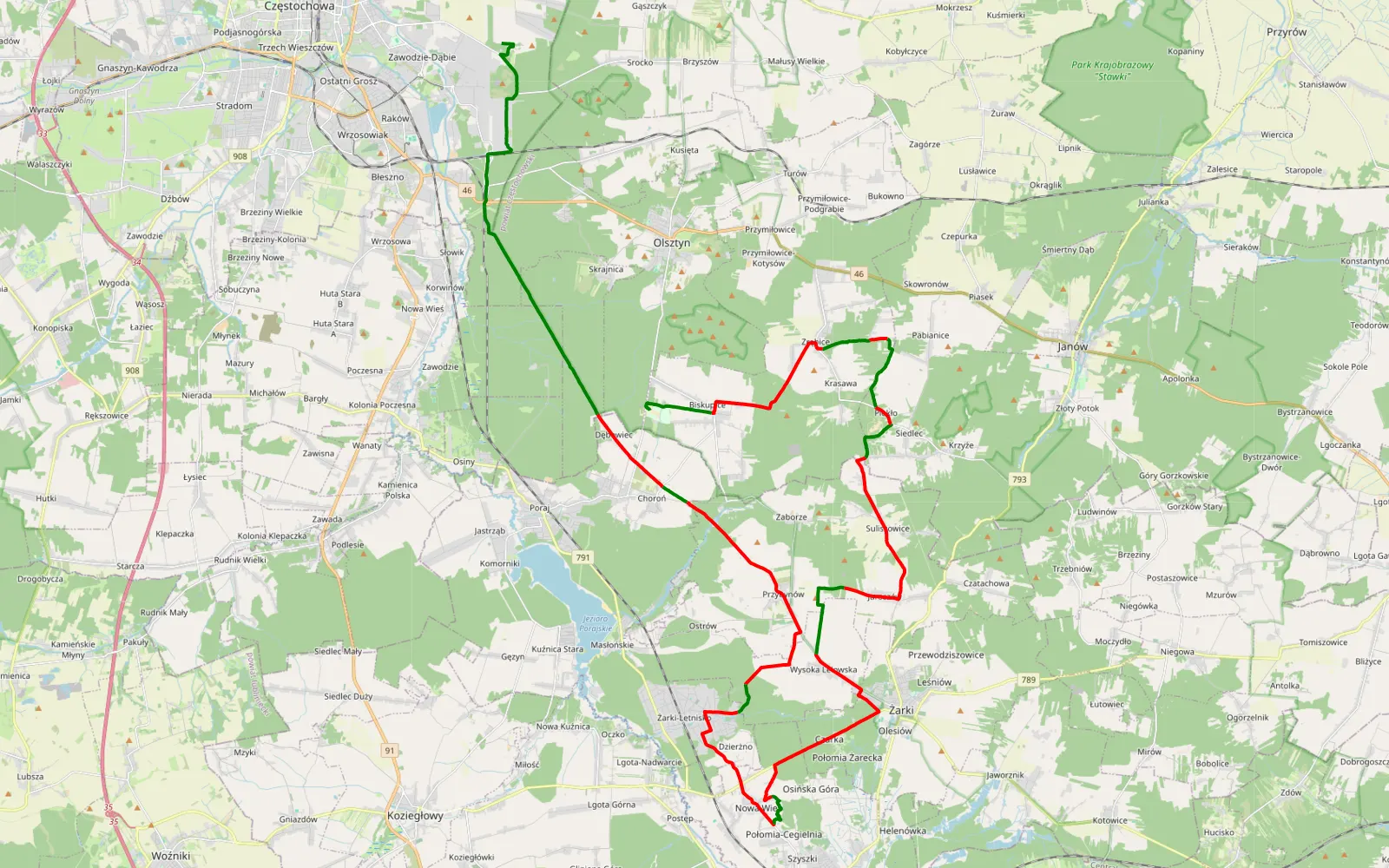 Mapa trasy WOSP 2018 - 56.8 km trasy offroad, Powiat Myszkowski
