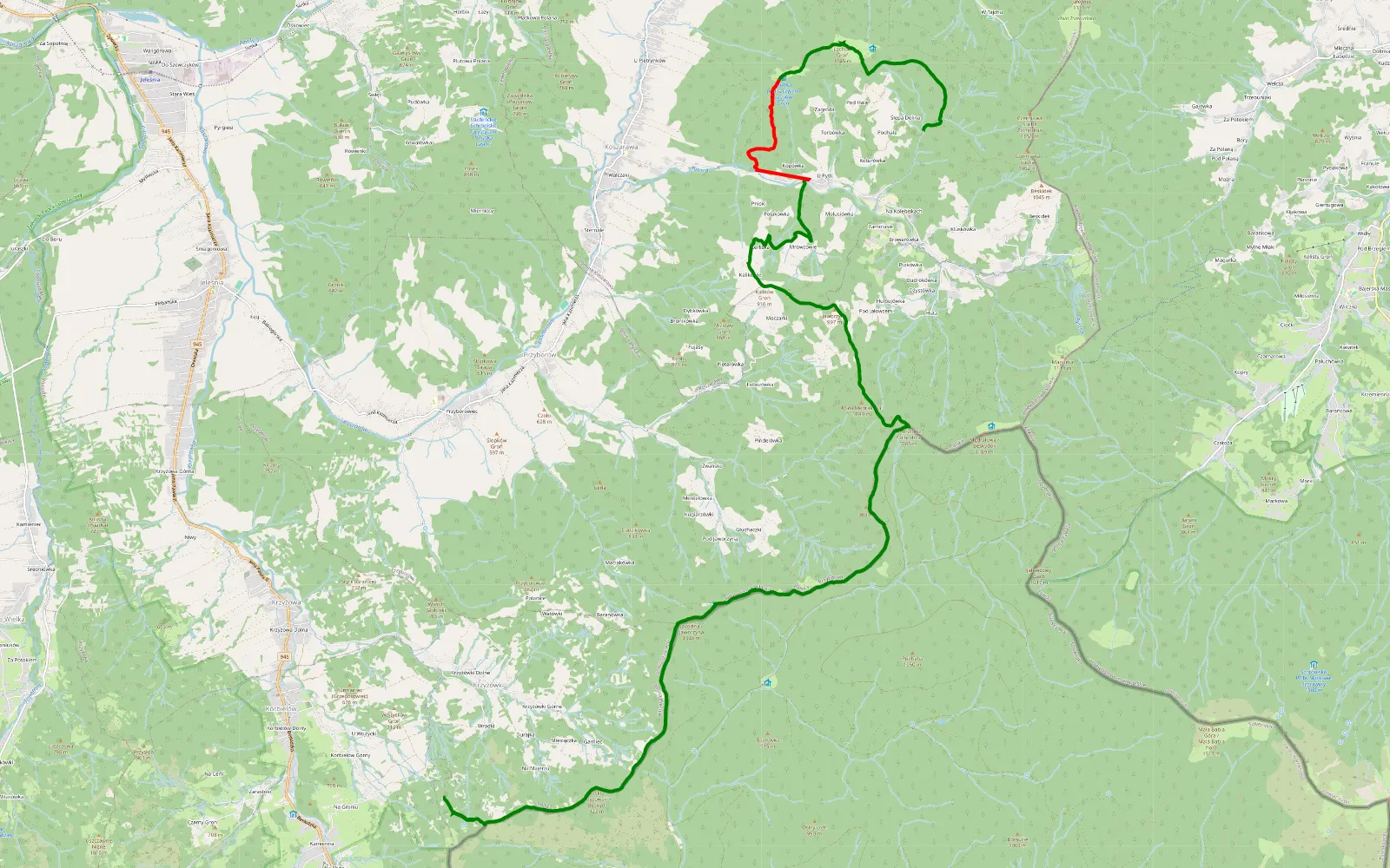 Mapa trasy 4/5 widokowa, skałki, trochę blota - 21.2 km trasy offroad, Powiat Żywiecki