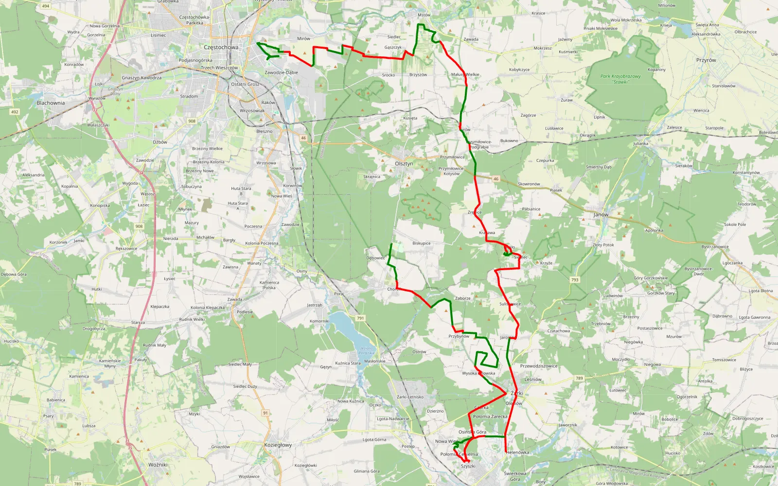 Mapa trasy WOŚP 2020 - 82 km trasy offroad, Powiat Myszkowski
