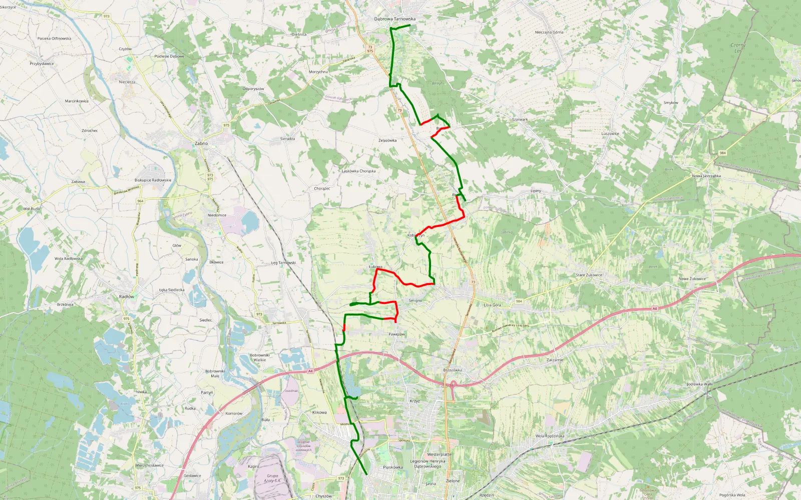 Mapa trasy Dąbrowa Tarnowska - Tarnów 70% offem - 27.5 km trasy offroad, Powiat Tarnowski
