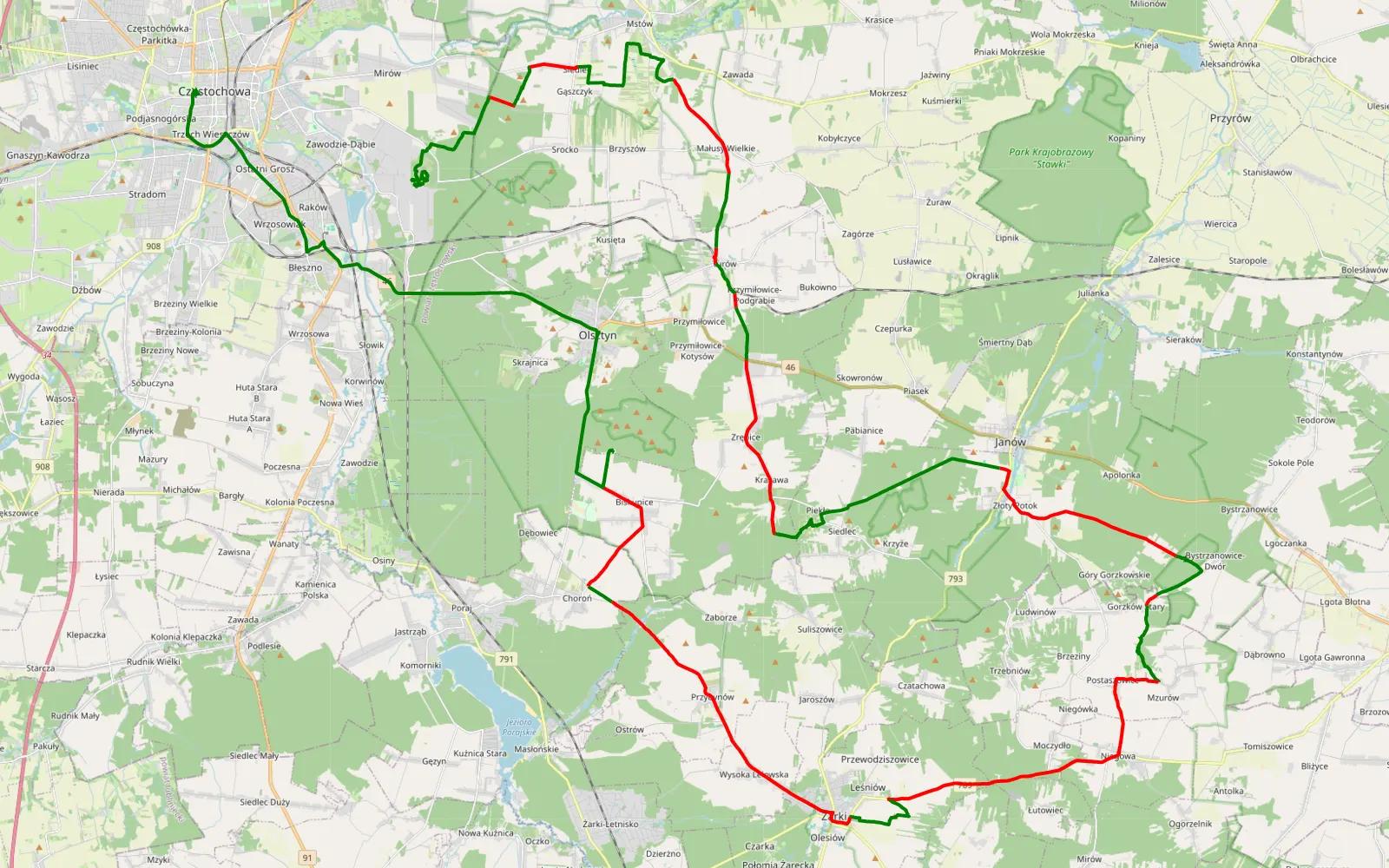 Mapa trasy Kucelin - Śródmieście Walentynki - 81.6 km trasy offroad, Powiat Częstochowski