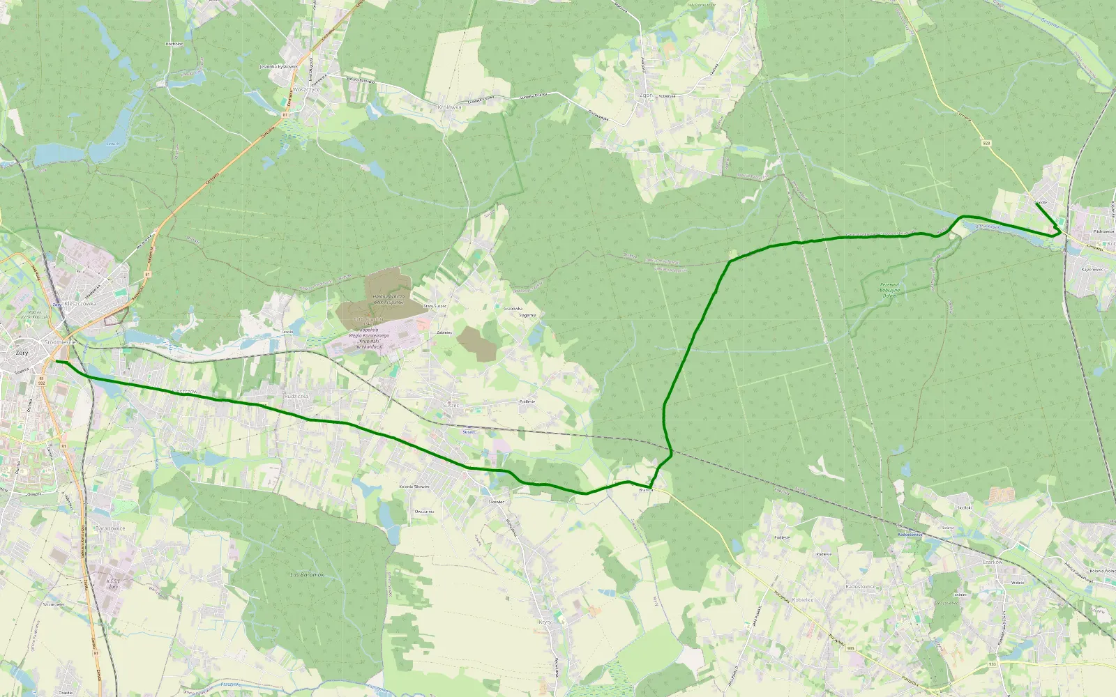 Map of Żory -Kobiur - 7.7 km offroad trail, Pszczyna County