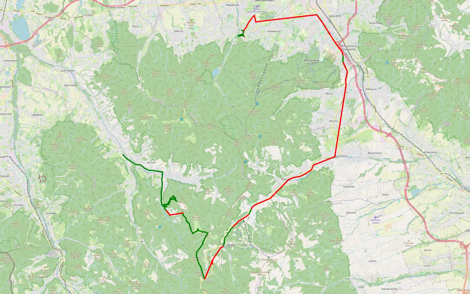 Map of Jaworowa - 37.1 km offroad trail, Bielsko County