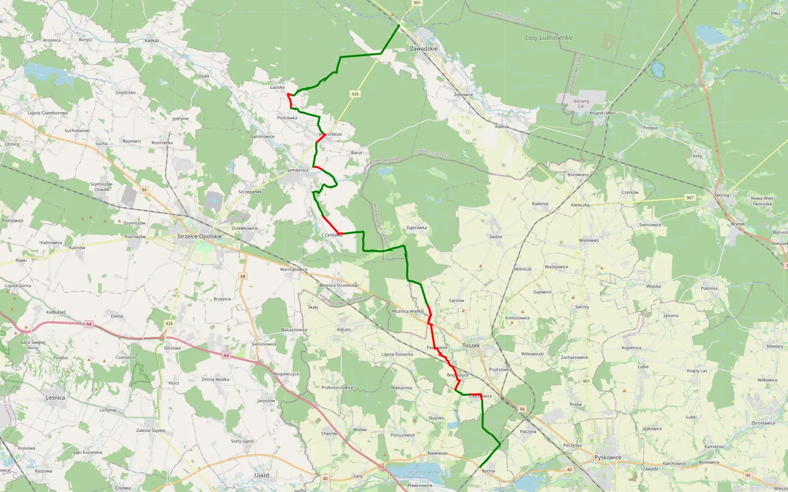 Mapa trasy Bycina Zawadzkie - 41.7 km trasy offroad, Powiat Strzelecki