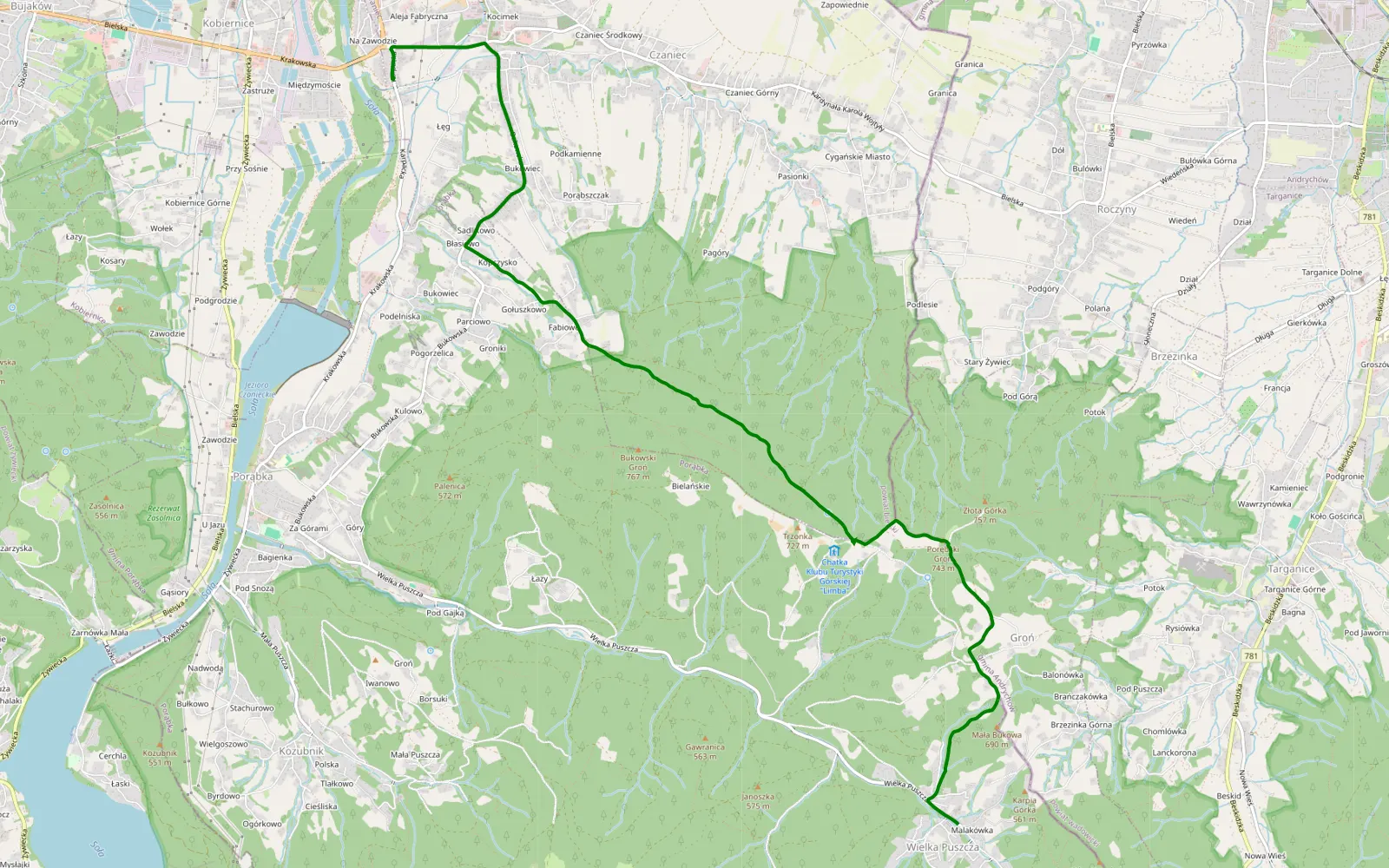 Mapa trasy Trzonka do puszczy - 5.2 km trasy offroad, Powiat Bielski