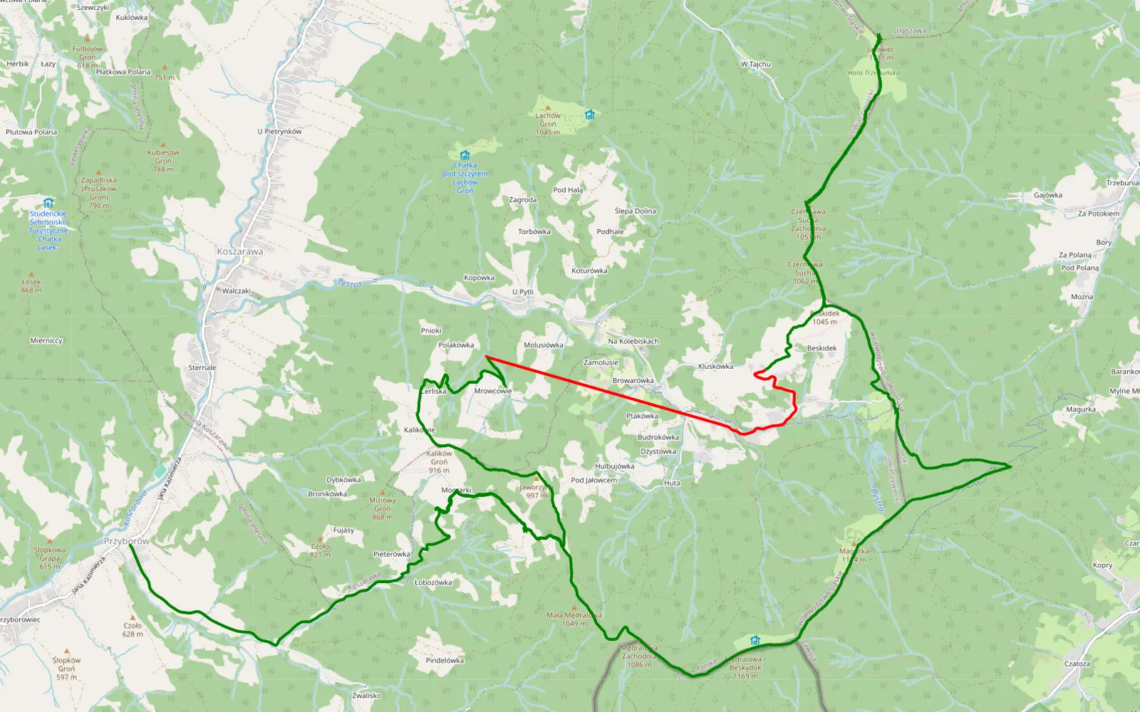 Mapa trasy Przyborów - Bystra - 24.8 km trasy offroad, Powiat Żywiecki
