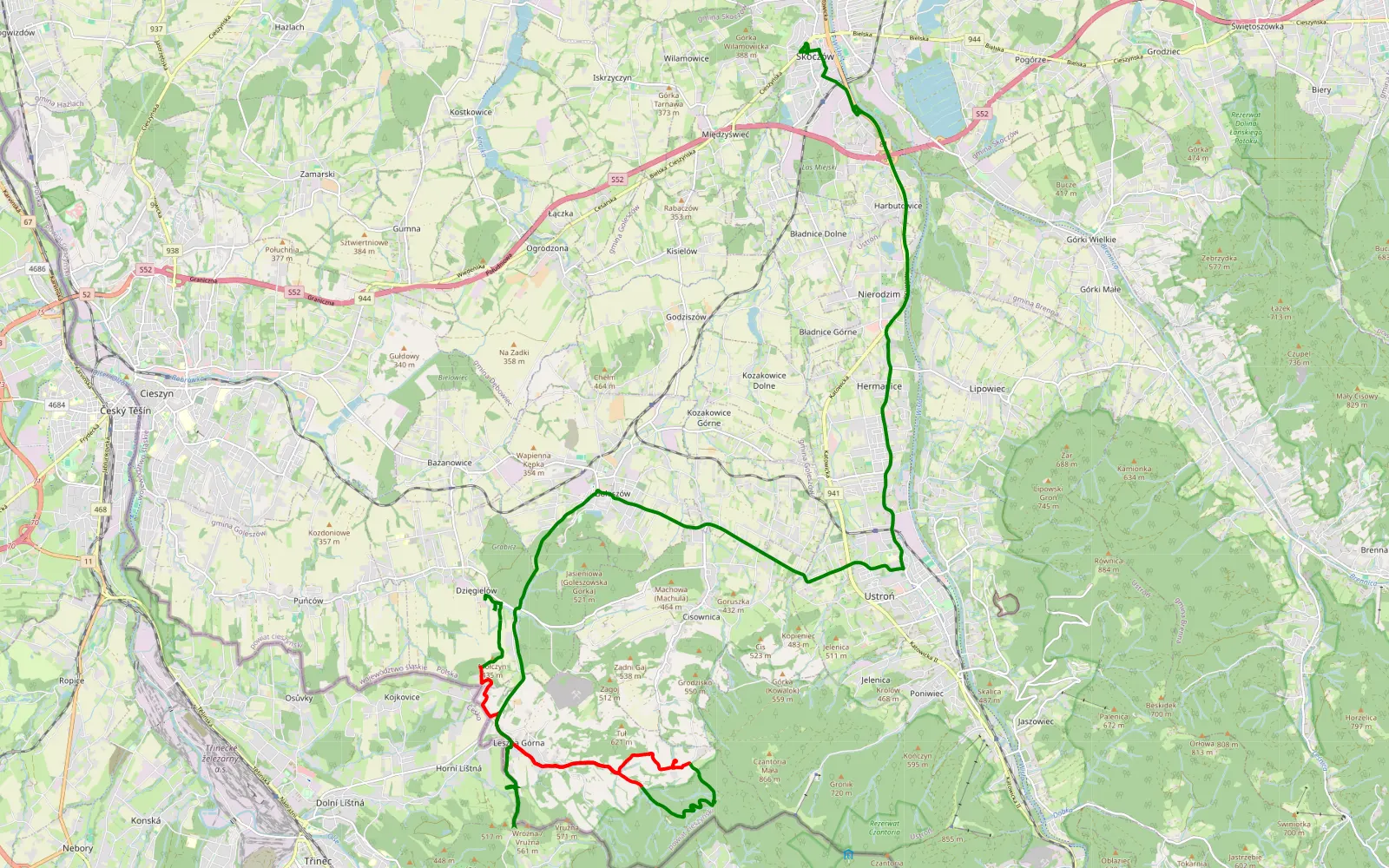 Mapa trasy Dzięgielów - Skoczów - 15.2 km trasy offroad, Powiat Cieszyński