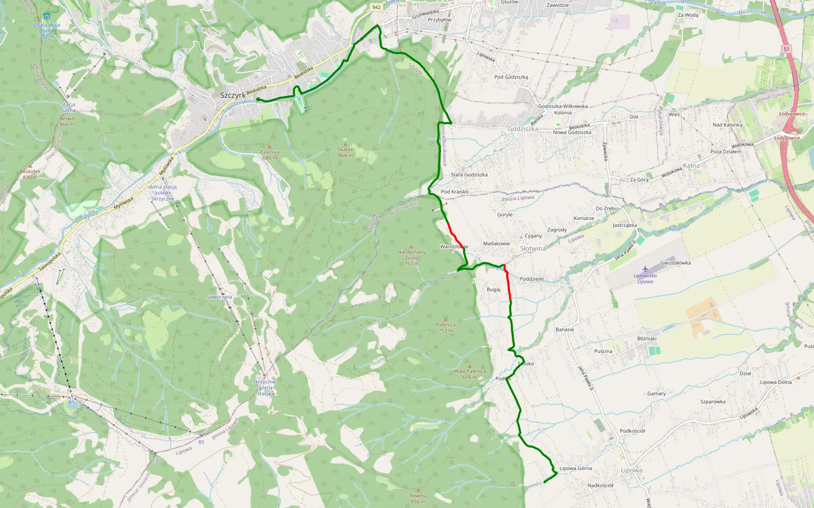 Mapa trasy Cześć trasy rowerowej: Skrzyczne, Klimczok - 5.4 km trasy offroad, Powiat Żywiecki