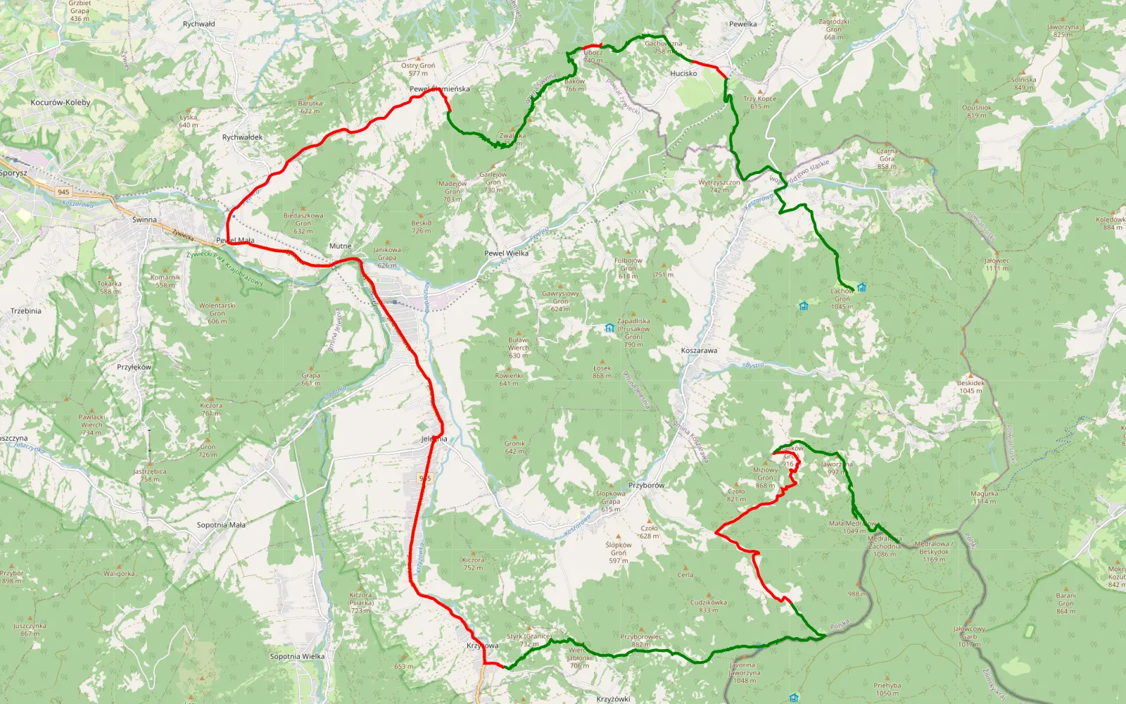 Mapa trasy Jałowiec - Bystra powrót - 49.4 km trasy offroad, Powiat Żywiecki