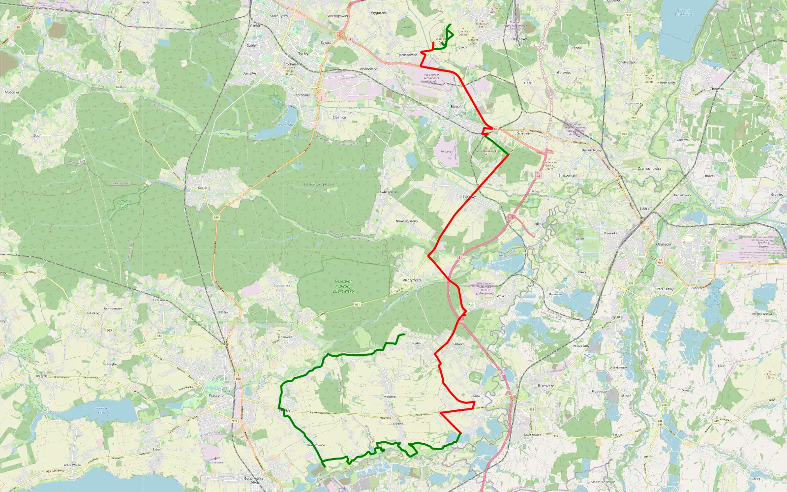 Mapa trasy Frydek - Urbanowice - 38.5 km trasy offroad, Powiat Pszczyński