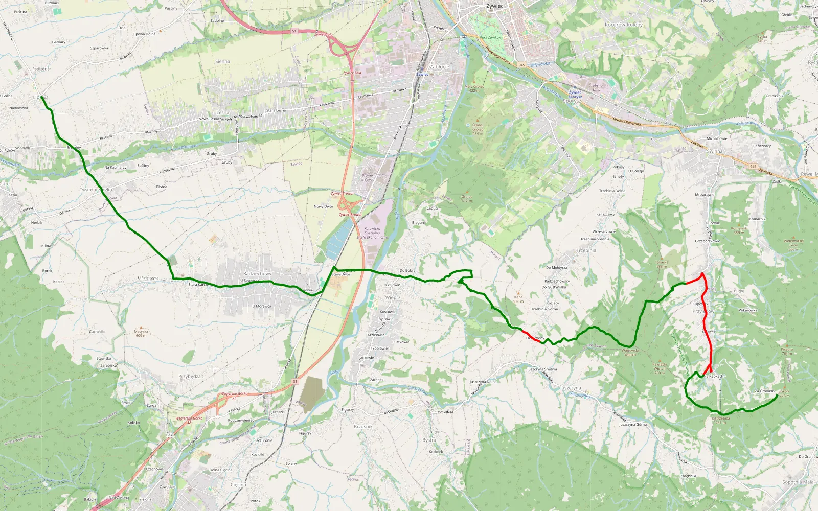 Map of Lipowa - Sopotnia Mała, Błotka - 11 km offroad trail, Żywiec County