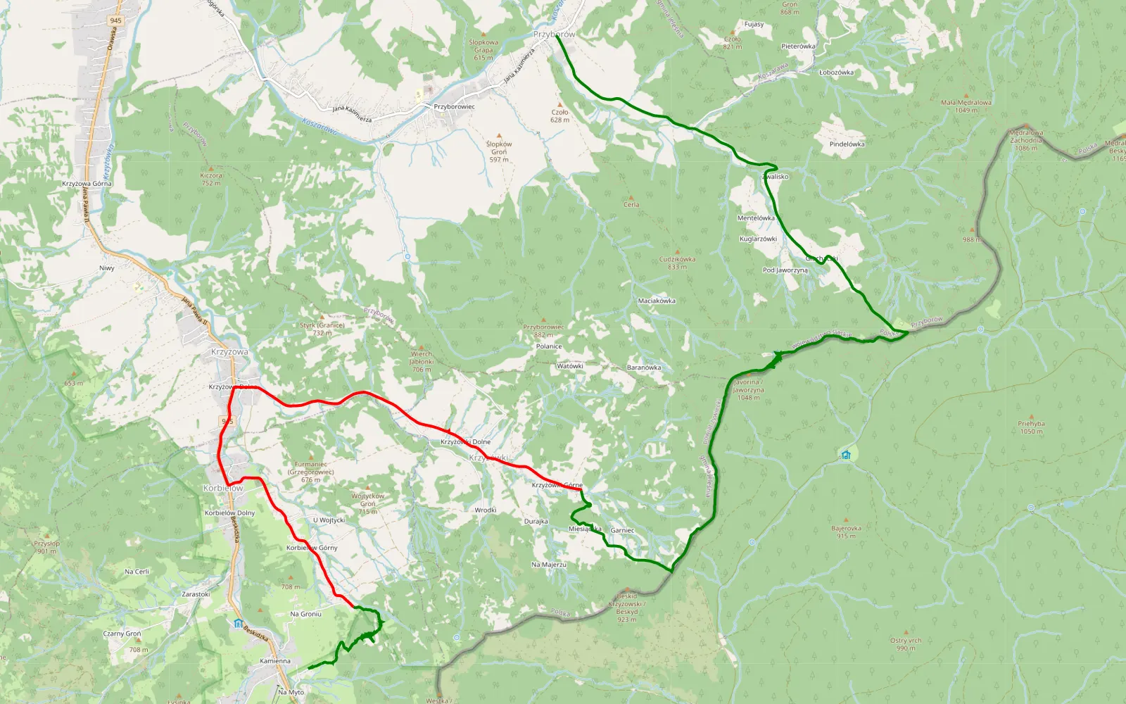 Mapa trasy Korbielów - Przyborów - 15.7 km trasy offroad, Powiat Żywiecki