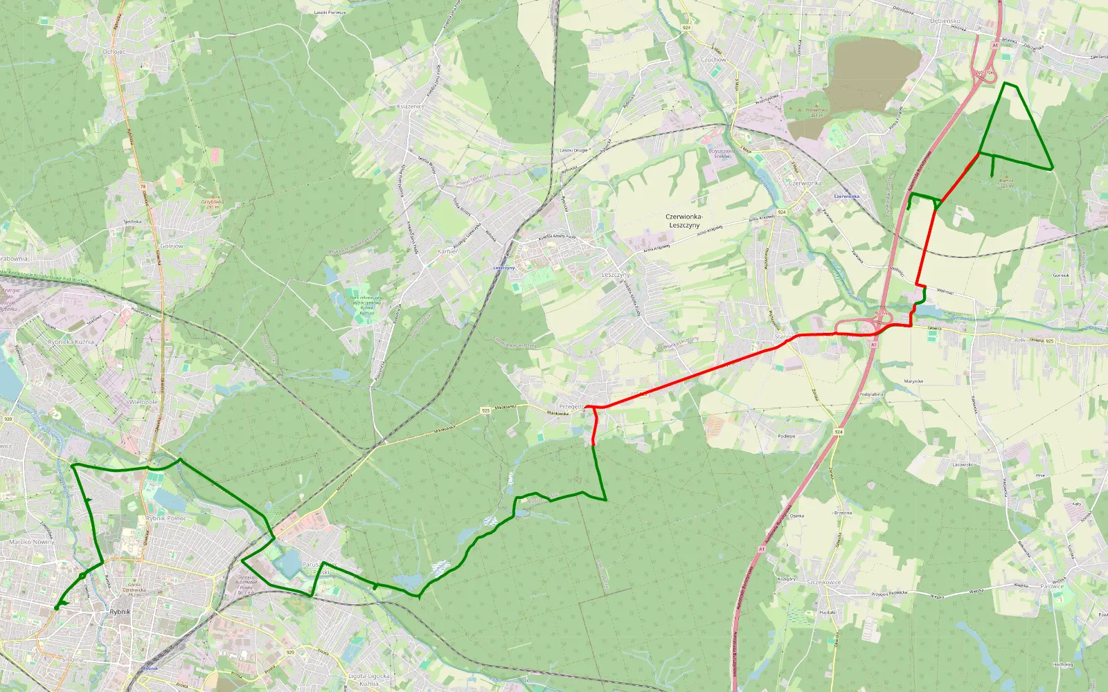 Map of T1 - 18 km offroad trail, Rybnik County