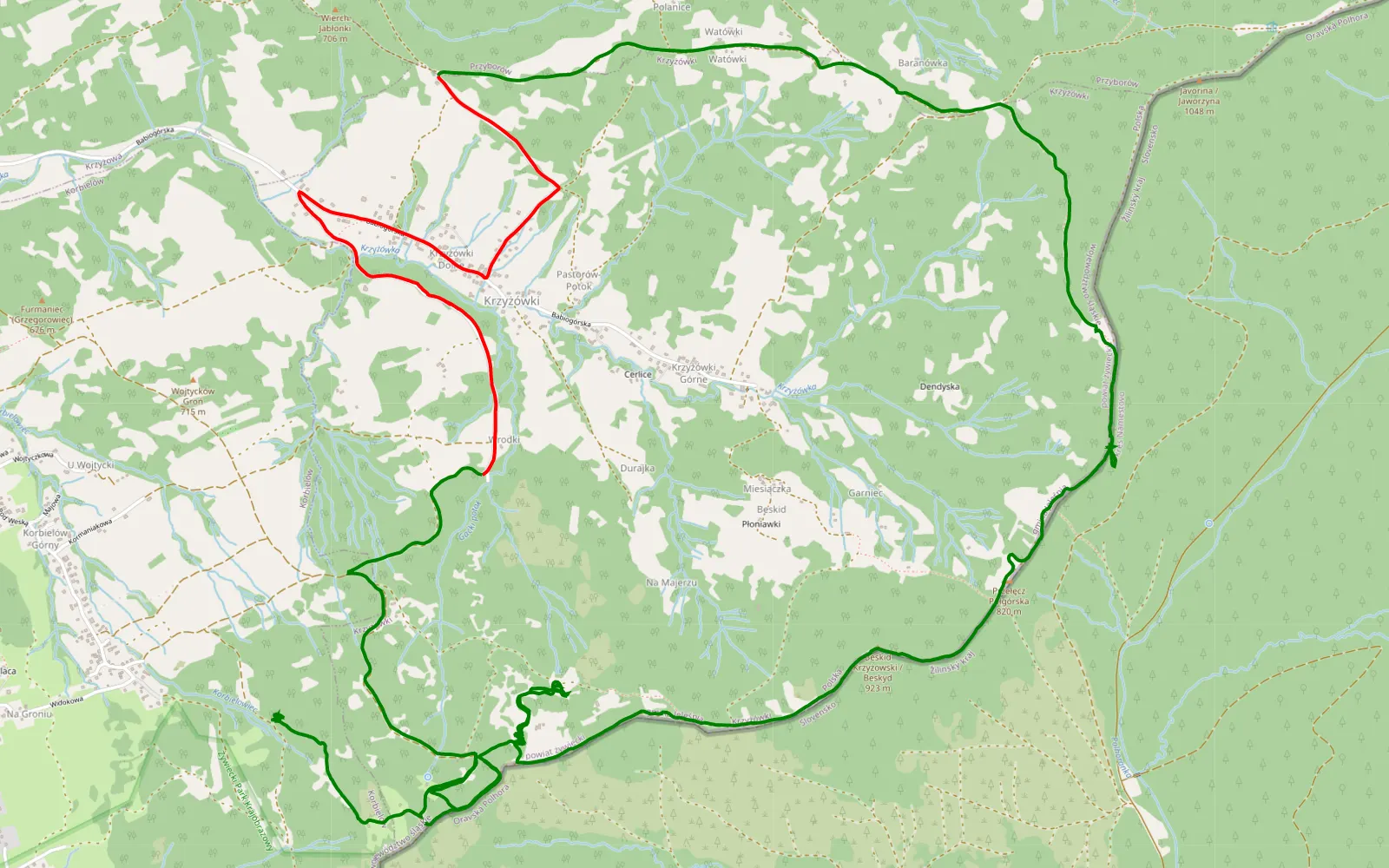 Mapa trasy Korbielów 30.11 - 15.5 km trasy offroad, Powiat Żywiecki